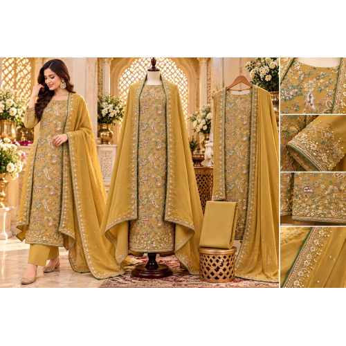 Mustard Gold Floral Embroidered Crape Unstitched Suit with Pure Chiffon Dupatta Mustard Gold Floral Embroidered Crape Unstitched Suit with Pure Chiffon Dupatta