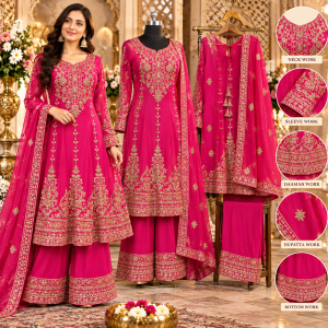 Royal Rani Pink Embroidered Stitched Short Anarkali Suit with Sharara Royal Rani Pink Embroidered Stitched Short Anarkali Suit with Sharara