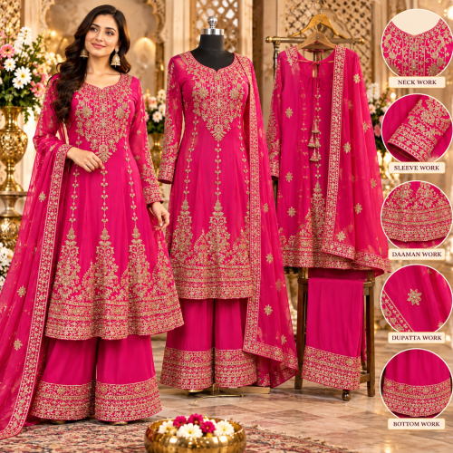 Royal Rani Pink Embroidered Stitched Short Anarkali Suit with Sharara Royal Rani Pink Embroidered Stitched Short Anarkali Suit with Sharara