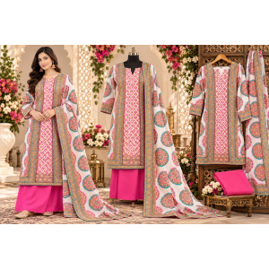 Ivory Pink & Turquoise Designer Crape Unstitched Suit with Chinon Dupatta Ivory Pink & Turquoise Designer Crape Unstitched Suit with Chinon Dupatta