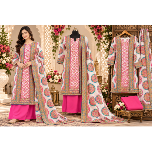 Ivory Pink & Turquoise Designer Crape Unstitched Suit with Chinon Dupatta Ivory Pink & Turquoise Designer Crape Unstitched Suit with Chinon Dupatta