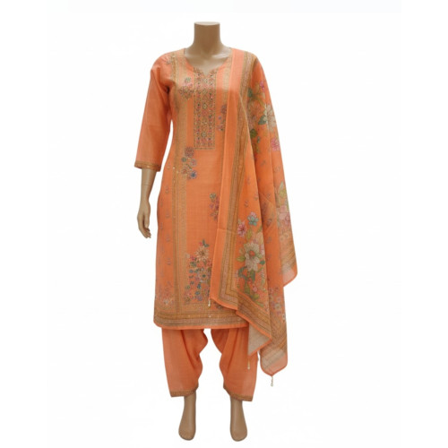 Peach Floral Printed and Embroidered Unstitched Suit Set
