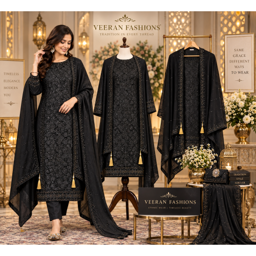 Midnight Noir Crape Net Work Unstitched Suit with Chenon Dupatta