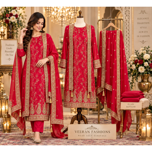 Royal Crimson Crape Embroidered Unstitched Suit with Chenon Dupatta