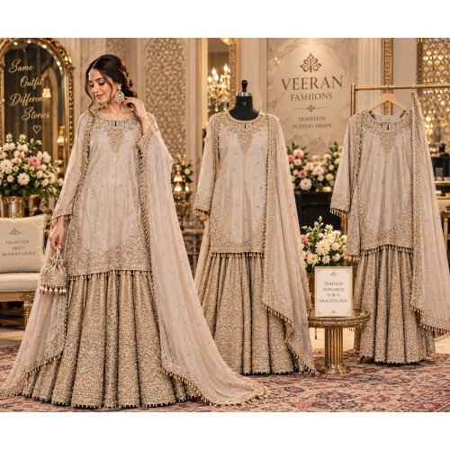 Champagne Pearl Shimmer Embroidered Stitched Kameez with Designer Skirt Champagne Pearl Shimmer Embroidered Stitched Kameez with Designer Skirt