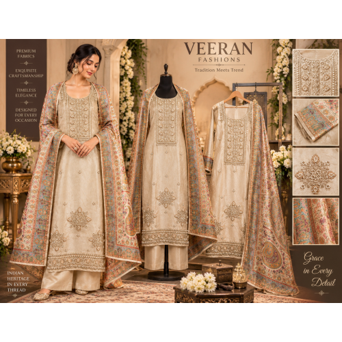 Ivory Gold Jakhat Silk Unstitched Suit with Heritage Printed Dupatta