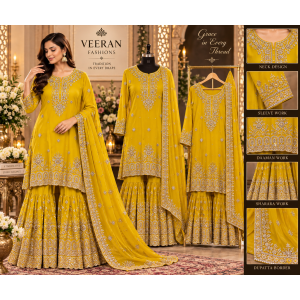 Mustard Gold Chenon Embroidered Sharara Suit Set Mustard Gold Chenon Embroidered Sharara Suit Set