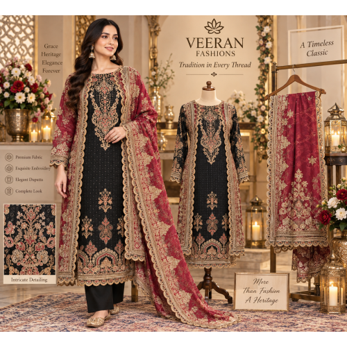 Royal Black Crape Unstitched Suit with Maroon Crape Dupatta Royal Black Crape Unstitched Suit with Maroon Crape Dupatta