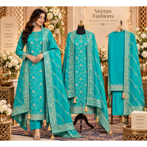 Turquoise Zariya Dola Silk Unstitched Suit Set Turquoise Zariya Dola Silk Unstitched Suit Set