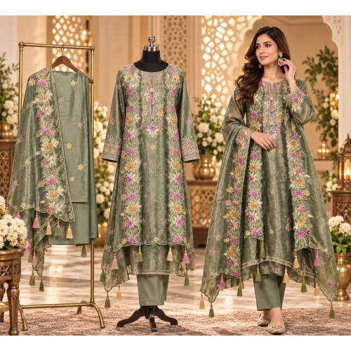 Olive Aura Shimmer Jakhat Gotta Patti Unstitched Suit Set Olive Aura Shimmer Jakhat Gotta Patti Unstitched Suit Set