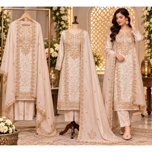 Champagne Pearl Self Jacquard Cutdana Unstitched Suit Set Champagne Pearl Self Jacquard Cutdana Unstitched Suit Set