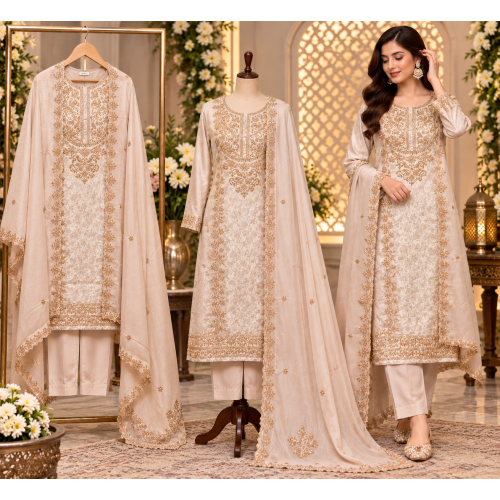 Champagne Pearl Self Jacquard Cutdana Unstitched Suit Set