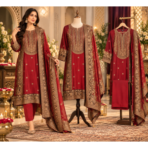Royal Crimson Kalamkaari Heritage Unstitched Suit Royal Crimson Kalamkaari Heritage Unstitched Suit