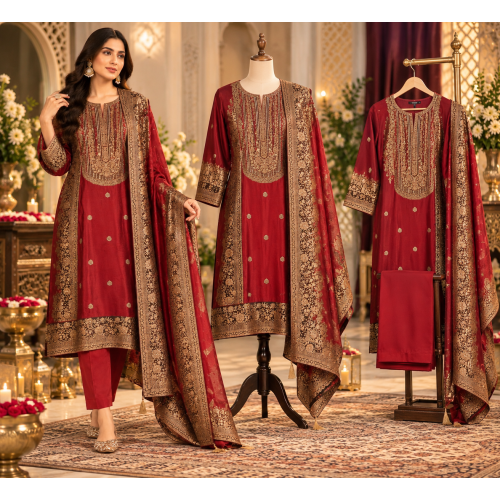 Royal Crimson Kalamkaari Heritage Unstitched Suit
