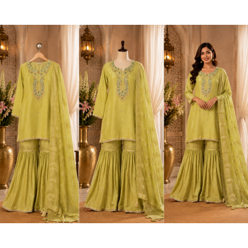 Pista Lime Shimmer Organza Sharara Suit Pista Lime Shimmer Organza Sharara Suit