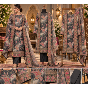 Royal Charcoal Paisley Embroidered Crape Unstitched Suit Set Royal Charcoal Paisley Embroidered Crape Unstitched Suit Set
