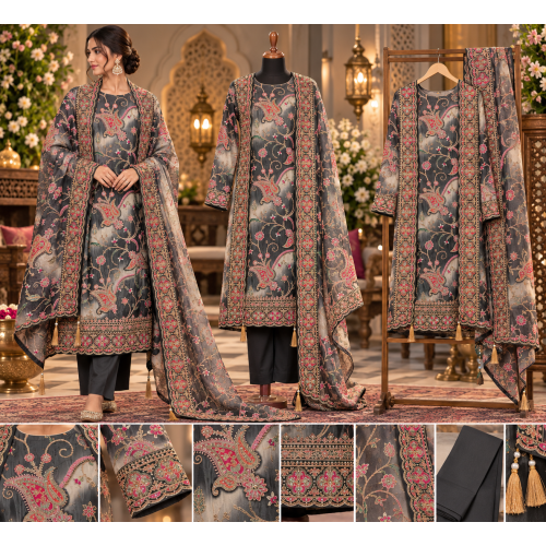 Royal Charcoal Paisley Embroidered Crape Unstitched Suit Set