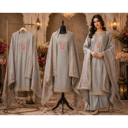 Silver Mist Banarsi Silk Unstitched Suit with Banarsi Dupatta Silver Mist Banarsi Silk Unstitched Suit with Banarsi Dupatta