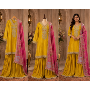 Mustard Gold Opada Silk Stitched Farshi Salwar Suit with Fuchsia Woven Dupatta Mustard Gold Opada Silk Stitched Farshi Salwar Suit with Fuchsia Woven Dupatta