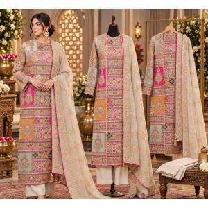 Royal Multicolour Heritage Embroidered Unstitched Suit with Pure Chiffon Dupatta Royal Multicolour Heritage Embroidered Unstitched Suit with Pure Chiffon Dupatta