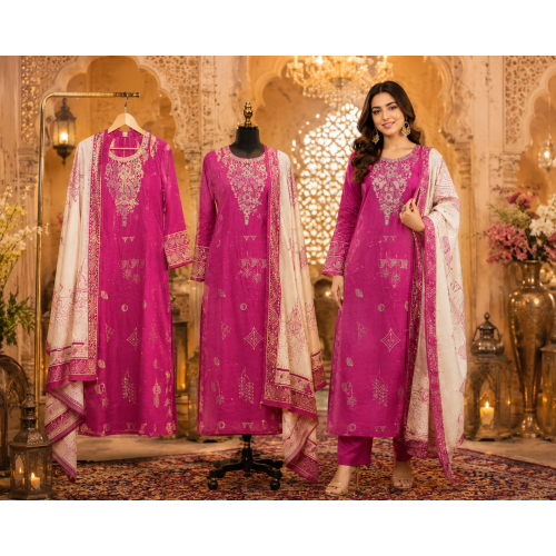 Royal Fuchsia Crape Embroidered Unstitched Suit Set Royal Fuchsia Crape Embroidered Unstitched Suit Set
