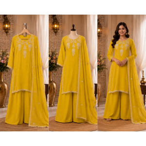 Mustard Gold Organza Embroidered Stitched Kameez Palazzo Set Mustard Gold Organza Embroidered Stitched Kameez Palazzo Set