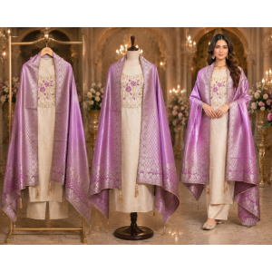 Ivory Blossom Jakhat Silk Dabka Work Unstitched Suit with Lavender Banarsi Dupatta Ivory Blossom Jakhat Silk Dabka Work Unstitched Suit with Lavender Banarsi Dupatta