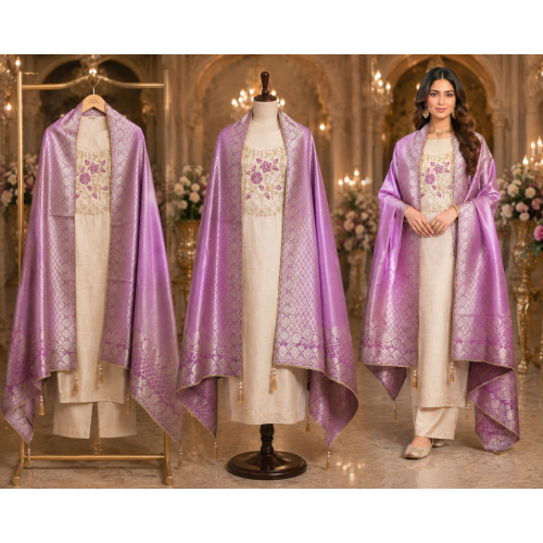 Ivory Blossom Jakhat Silk Dabka Work Unstitched Suit with Lavender Banarsi Dupatta Ivory Blossom Jakhat Silk Dabka Work Unstitched Suit with Lavender Banarsi Dupatta