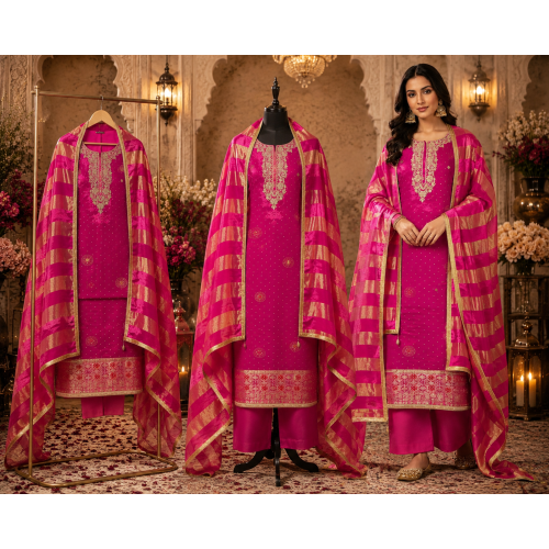 Rani Pink Opada Silk Unstitched Suit with Banarsi Style Silk Dupatta Rani Pink Opada Silk Unstitched Suit with Banarsi Style Silk Dupatta
