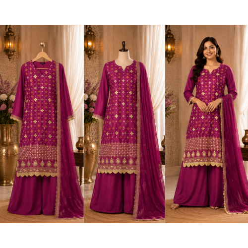 Royal Magenta Banarsi Silk Gotta Work Stitched Palazzo Suit Royal Magenta Banarsi Silk Gotta Work Stitched Palazzo Suit