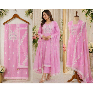 Veeran Fashions Candy Pink Organza Banarsi Embroidered Unstitched Suit Set