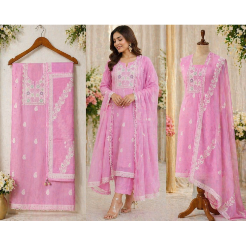 Veeran Fashions Candy Pink Organza Banarsi Embroidered Unstitched Suit Set Veeran Fashions Candy Pink Organza Banarsi Embroidered Unstitched Suit Set