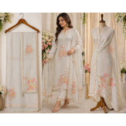Veeran Fashions Off-White Shimmer Floral Embroidered Unstitched Suit Set Veeran Fashions Off-White Shimmer Floral Embroidered Unstitched Suit Set