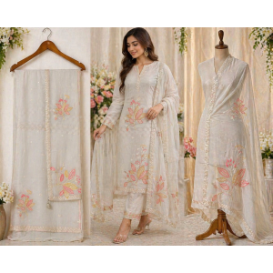 Veeran Fashions Off-White Shimmer Floral Embroidered Unstitched Suit Set