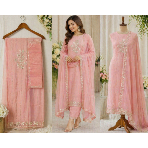 Veeran Fashions Peach Pink Crush Silk Embroidered Unstitched Suit Set Veeran Fashions Peach Pink Crush Silk Embroidered Unstitched Suit Set