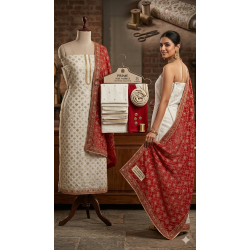 Royal White Chinon Silk Unstitched Suit with Deep Red Banarasi Style Dupatta