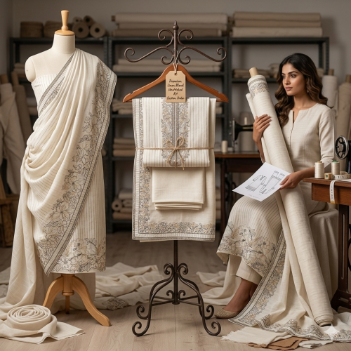 Pearl White Slub Cotton Threadwork Set