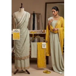 Pastel Sage Green Chinon Silk Suit with Vibrant Yellow Embroidered Dupatta