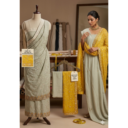 Pastel Sage Green Chinon Silk Suit with Vibrant Yellow Embroidered Dupatta