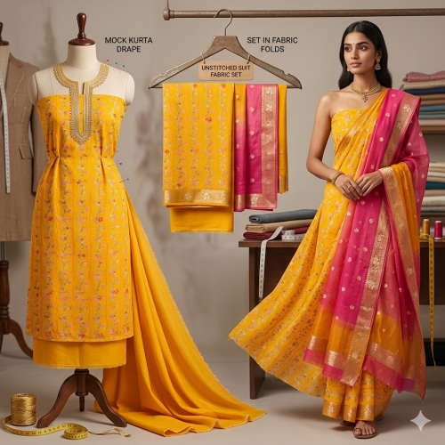 Veeran Fashions Sunshine Yellow Georgette Unstitched Suit with Organza Dupatta