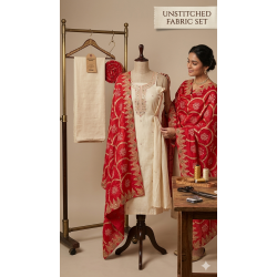 Elegant Off-White Chanderi Silk Unstitched Suit with Scalloped Red Dupatta
