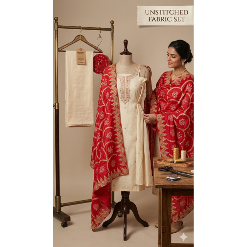 Elegant Off-White Chanderi Silk Unstitched Suit with Scalloped Red Dupatta
