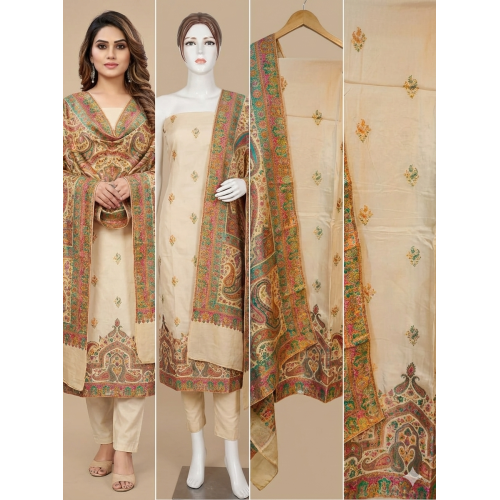Ivory Paisley Kashmiri Silk Ensemble