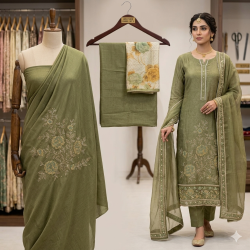Veeran Fashions Olive Green Shimmer Embroidered Unstitched Suit Set Veeran Fashions Olive Green Shimmer Embroidered Unstitched Suit Set