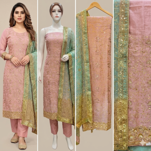 Rose Gold Pink Chenon Heavy Embroidered Ensemble