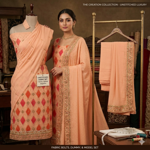 Veeran Fashions Luxury Peach Diamond Chinon Unstitched Suit Set