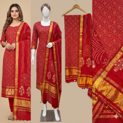 Traditional Red Bandhani Dola Silk Suit Set