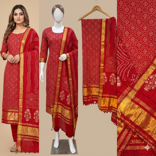 Traditional Red Bandhani Dola Silk Suit Set Traditional Red Bandhani Dola Silk Suit Set