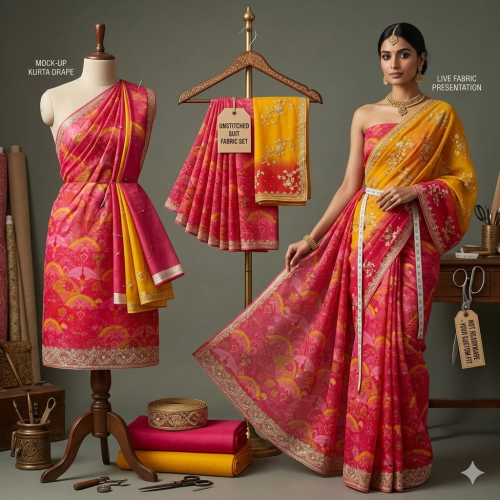 Veeran Fashions Rani Pink & Mustard Yellow Organza Unstitched Festive Suit