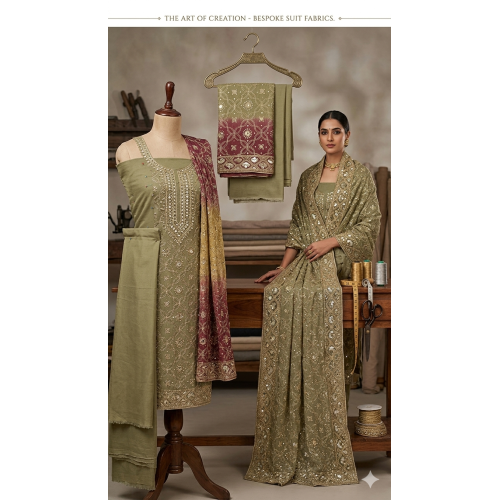 Veeran Fashions Exclusive Sage Green Chinon Silk Suit with Lavender Contrast Dupatta